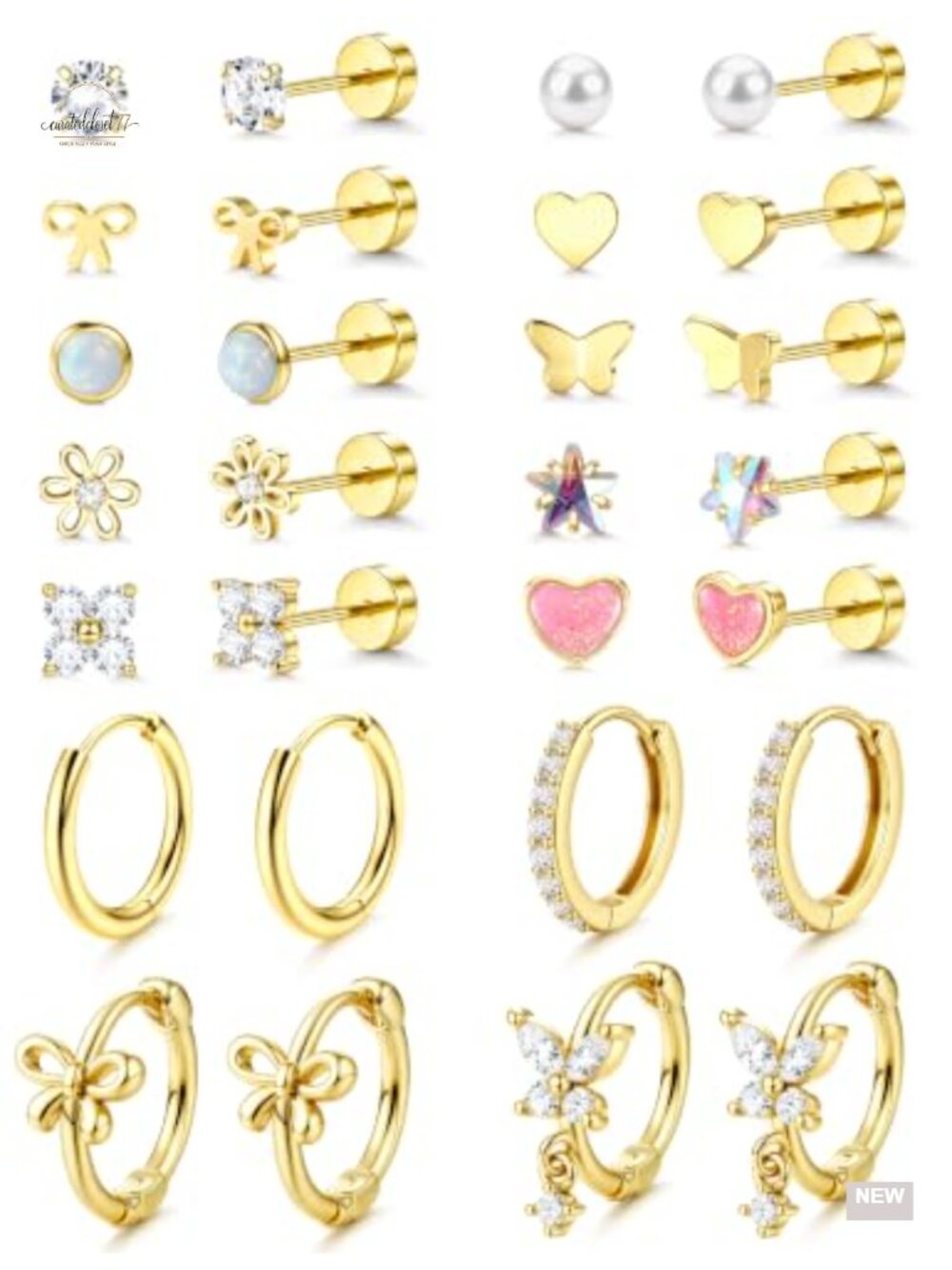 Hypoallergenic Flat Back Stud Earrings 14K Gold Plated Set for Women Girls